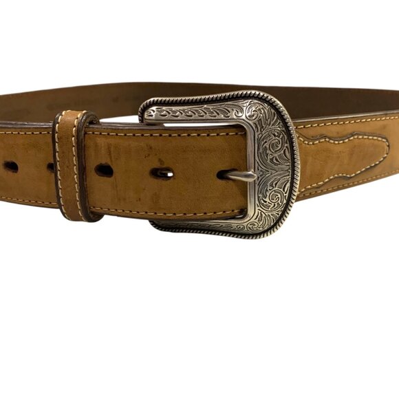 Red River Mens Belt Leather Western Tan Silver Tone Belt Buckle Size 40 Real Men - Picture 3 of 10